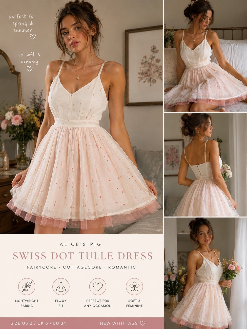 Alice’s Pig White & Pink Swiss Dot Tulle Dress Cottagecore Fairy Mini Dress Size